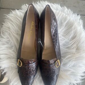 Salvatore Ferragamo Dark Brown Croc-Embossed Flats with Gold Buckle
